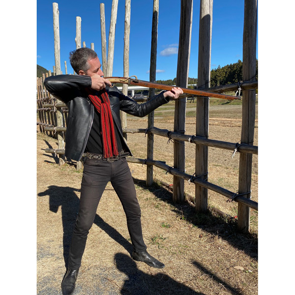 The author testing an antique matchlock at the Shitaragahara Battlefield.